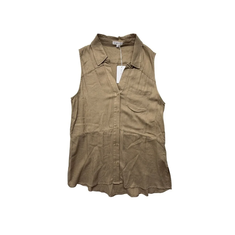 NWT AEMI + CO Paula Button Down Sun Tunic Dress Khaki Tan Minimalist L NEW